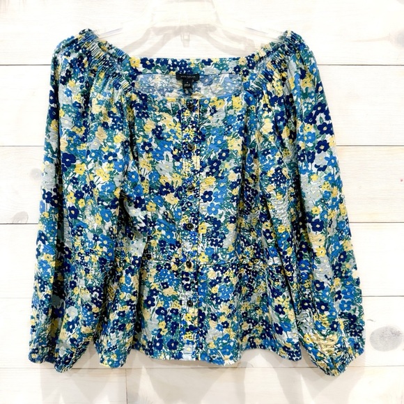 Ann Taylor floral button down bubble sleeve peplum top ❤️ - Picture 3 of 7